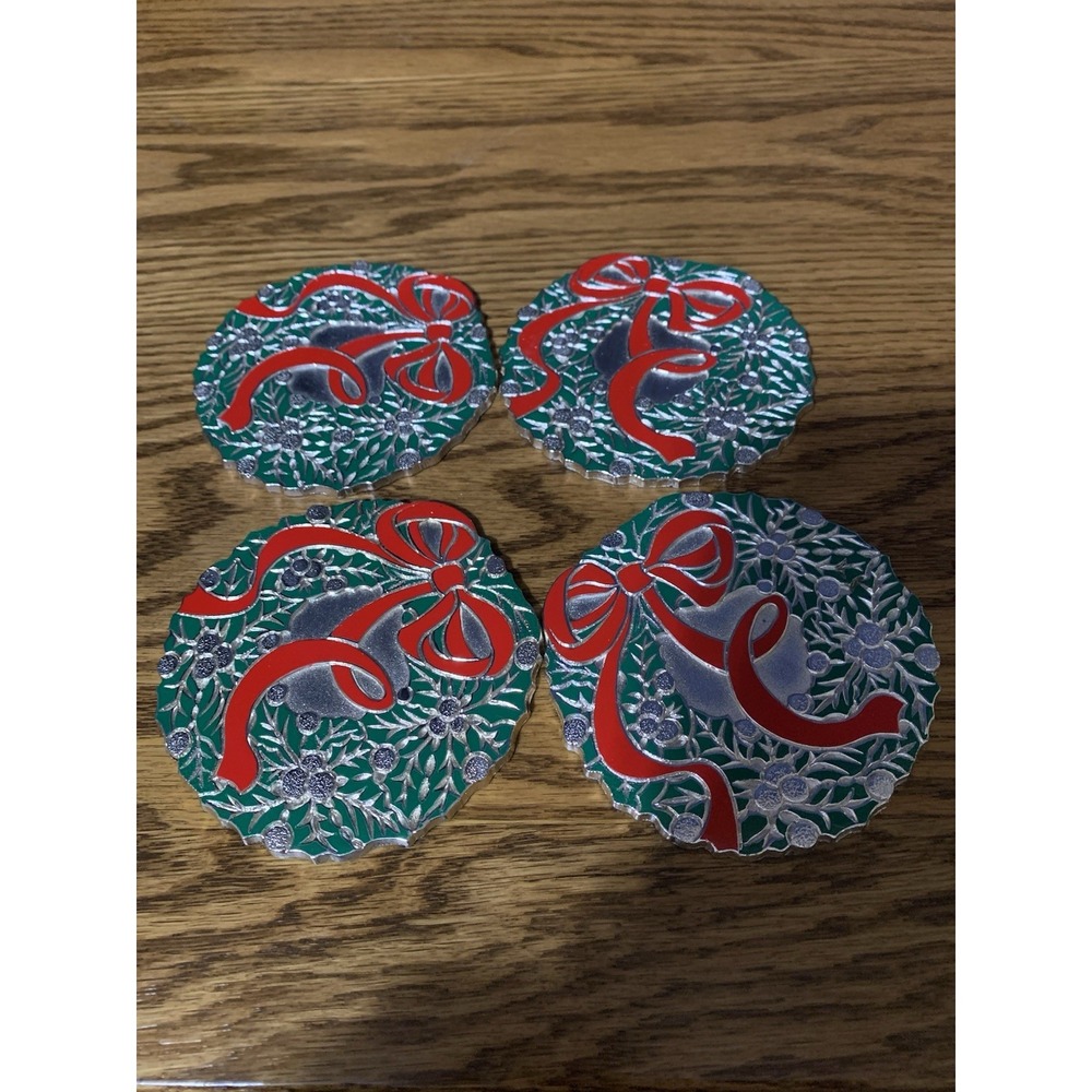 Wm A Rogers Holiday Wreath Coasters Silverplate Enamel 3.5" Diameter Set of 4
